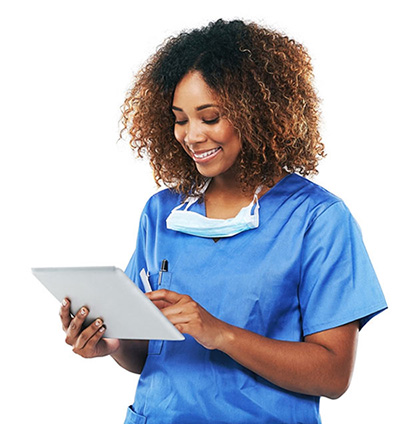 A medical staff looking at a tablet device